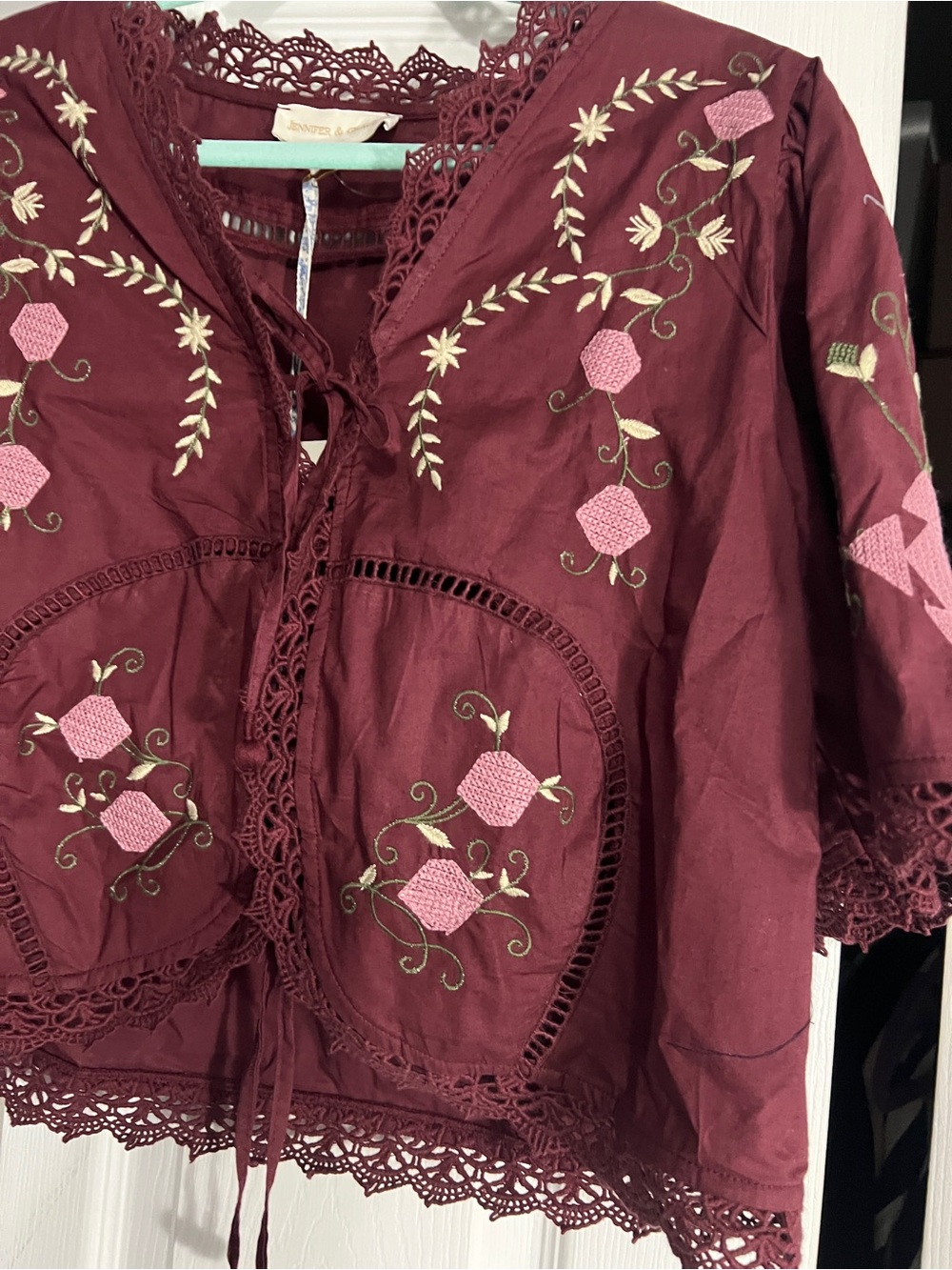 Embroidered Burgundy Women's Blouse with Lace Trim - Picture 6 of 10